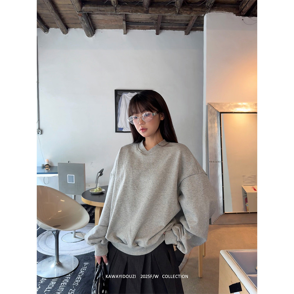 Kawayi豆子【松弛氛围】韩系慵懒风纯色简约套头卫衣宽松长袖上衣