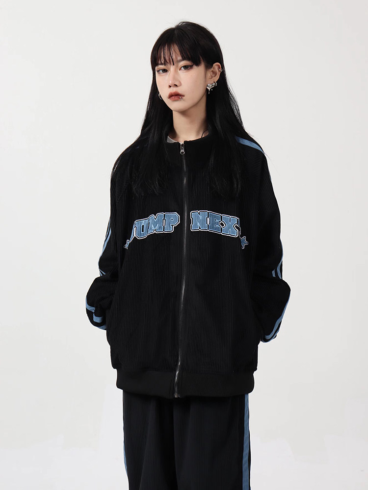 JUMP NEXT 내셔널 트렌디 브랜드 커플 힙합 스트리트 라운드 넥 루즈한 앞면과 뒷면 스플라이싱 핏 가디건 재킷 슈트