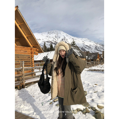 Kawayi豆子【奶油派克】韩版毛领连帽牛角扣保暖派克服羽绒外套