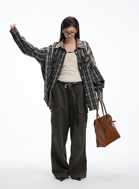 JUMPNEXT复古拼色春季气质格纹宽松做旧破洞水洗衬衫女潮上衣开衫