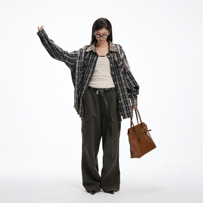 JUMPNEXT复古拼色做旧破洞衬衫