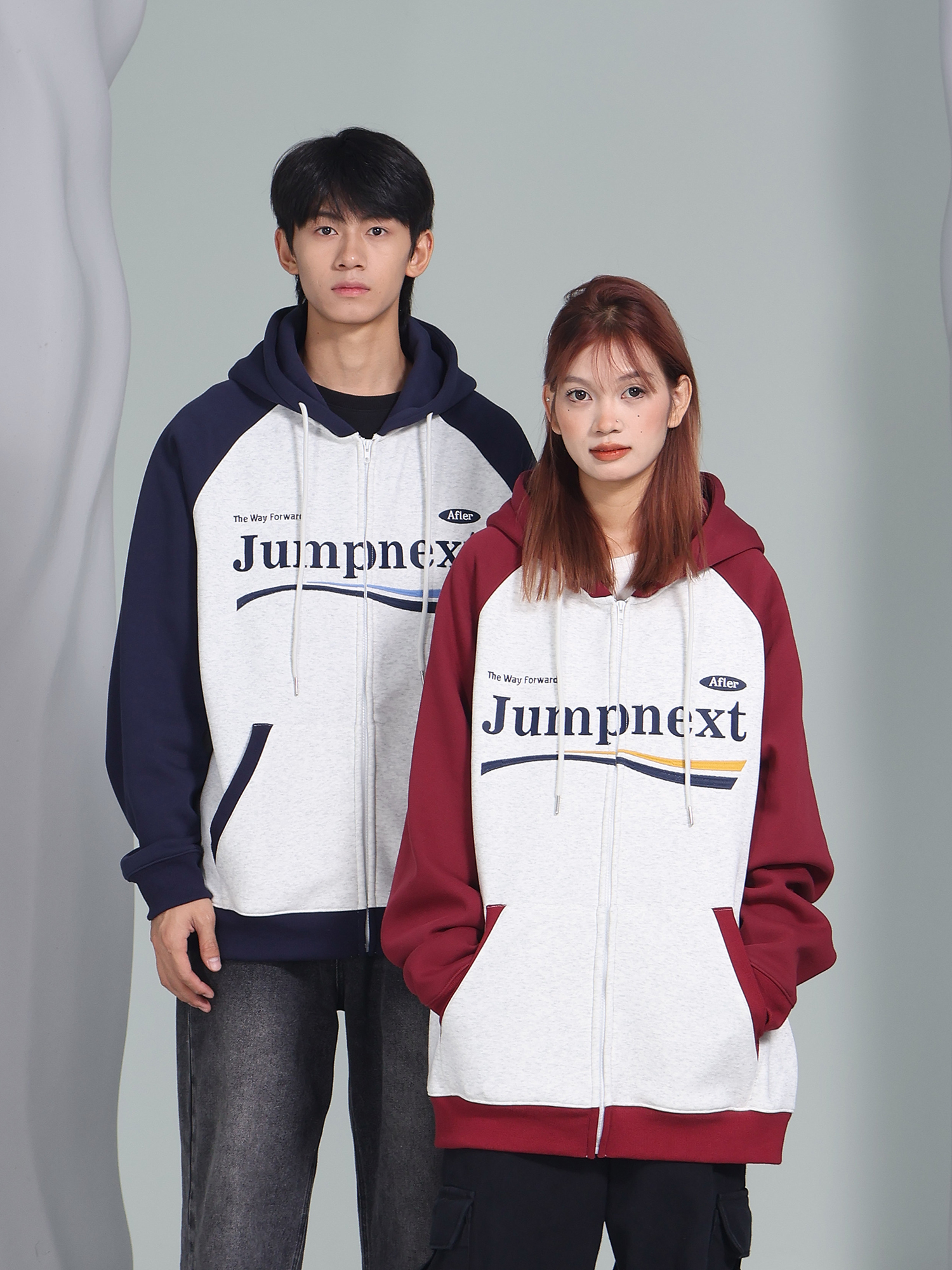 JUMPNEXT美式拼接撞色开衫卫衣