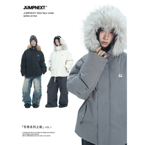 JUMPNEXT美式复古秋冬季加厚高级感毛领连帽棉服情侣装保暖外套
