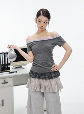 JUMPNEXT原创设计感棉麻毛边一字领假两件撞色做旧花边T恤