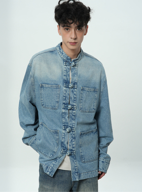 JUMPNEXT复古做旧新中式国风宽松牛仔外套国潮春秋设计感小众上衣