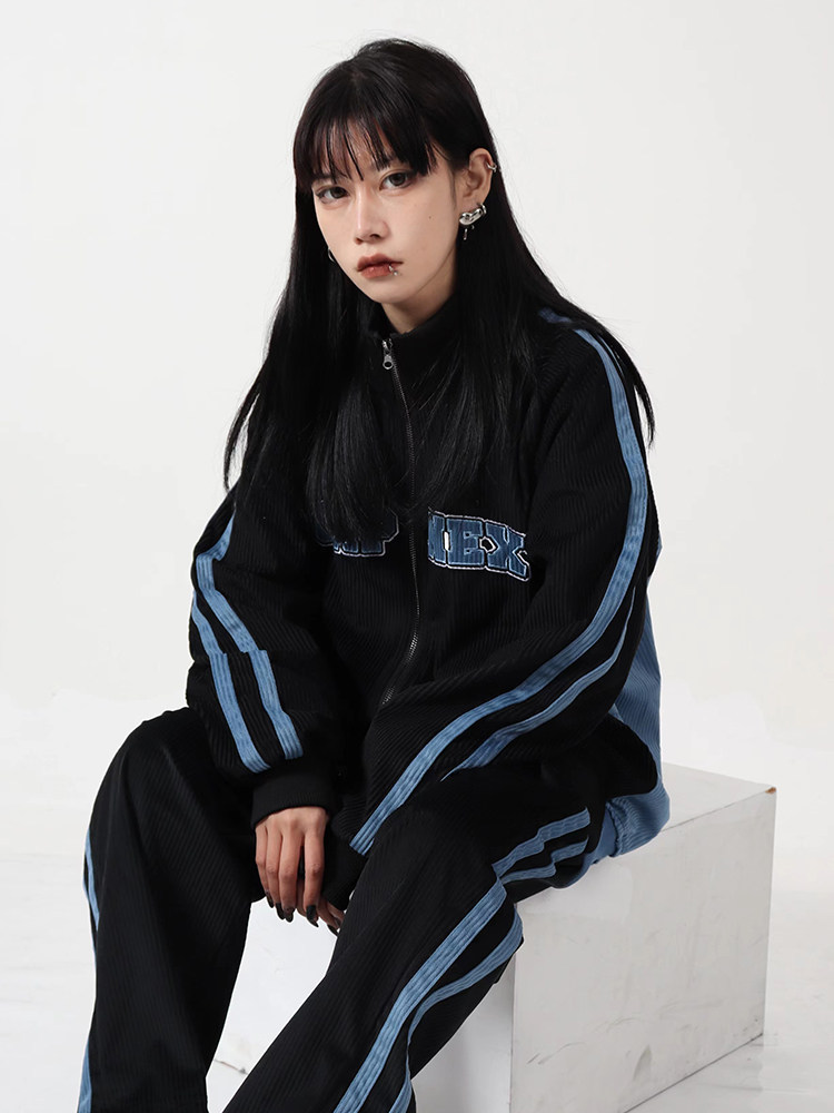 JUMP NEXT 내셔널 트렌디 브랜드 커플 힙합 스트리트 라운드 넥 루즈한 앞면과 뒷면 스플라이싱 핏 가디건 재킷 슈트