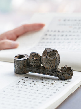 日本进口南部铁器猫头鹰笔架摆件