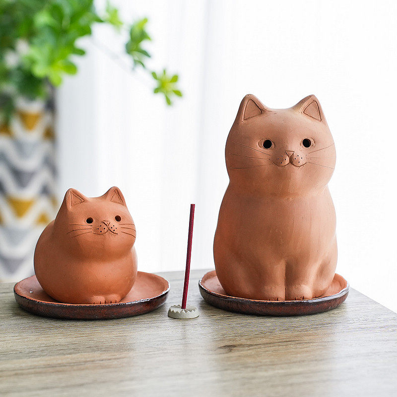 日本进口手作陶土猫咪香炉摆件