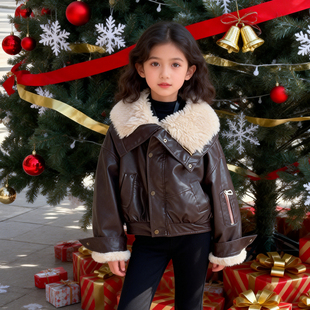 女童冬款加绒加厚皮衣2026新款大童大翻领皮毛一体夹克外套初中生