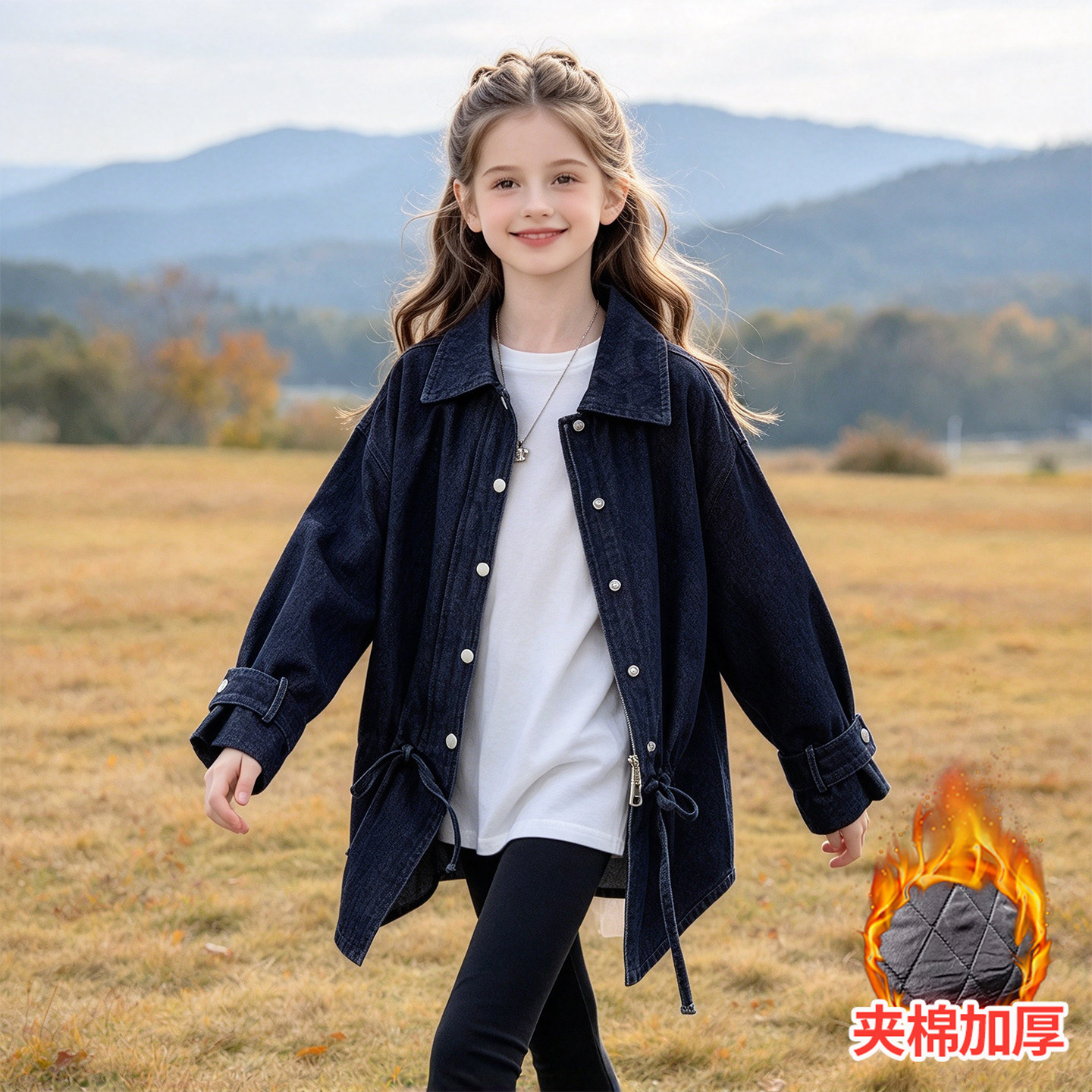 女童夹棉牛仔衬衫秋冬2026新款洋气收腰大儿童加厚中长款衬衣外套
