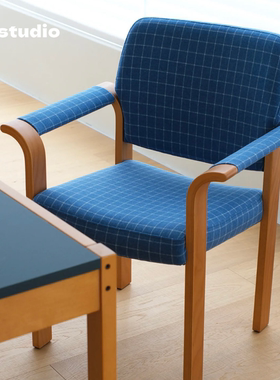 中古实木餐家用复古软包扶手椅小众靠背椅单人小户型休闲椅书桌椅