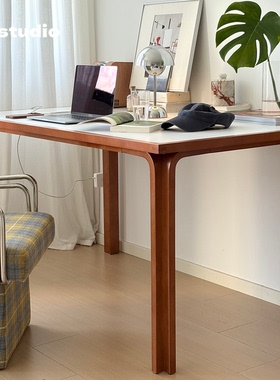 DPstudio复古岩板餐桌小户型实木书桌饭桌家用中古风长桌工作台
