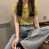 Летний тонкий трикотажный свитер, короткая футболка, в корейском стиле, облегающий крой, V-образный вырез, короткий рукав, по фигуре