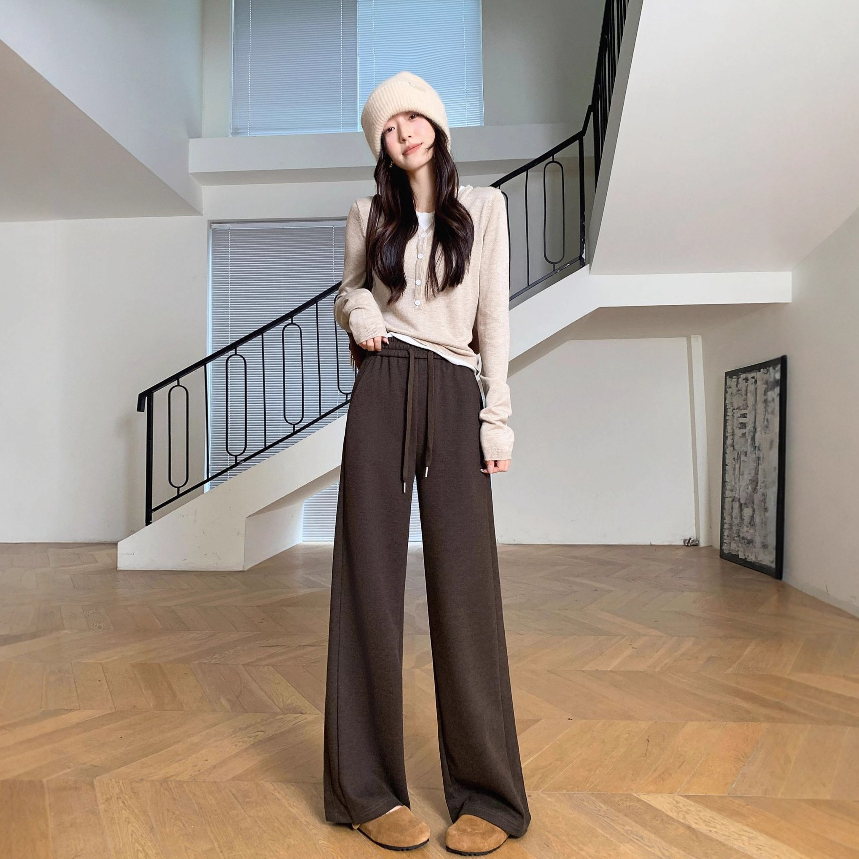 2025新款秋冬加绒醋酸羊毛女款窄版直筒阔腿裤子垂感长裤