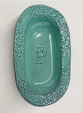 日本原装AITO Lien 浮雕藤陶瓷椭圆盘餐盘鱼盘深盘子 湖绿色24cm