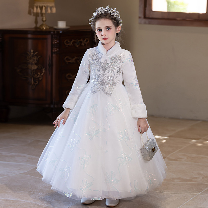 女童礼服冬季高端小女孩花童婚礼生日公主裙加厚儿童主持人演出服