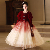 女童礼服红色新年花童婚礼小女孩儿童生日公主裙主持人钢琴演出服