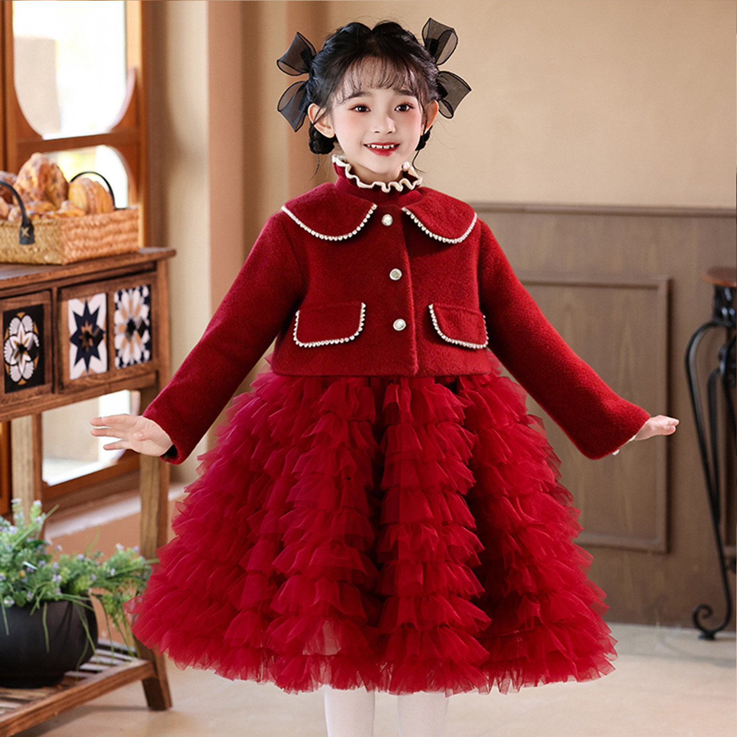 女童红色小香风连衣裙冬装儿童冬裙女孩新年公主裙套装过年拜年服