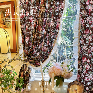 飘窗中古黑色 荷叶边隔断帘法式 美式 复古大花窗帘玫瑰门帘半帘欧式