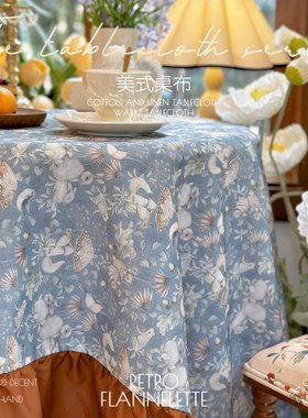 美式复古风桌布轻奢高级感棉麻松鼠法式乡村碎花橙色茶几盖布台布