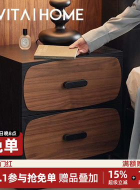 纽扣床头柜实木轻奢复古风家用卧室小户型现代简约收纳柜子床边柜