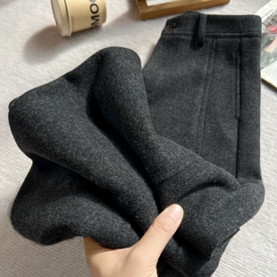 女秋冬2025加绒哈伦休闲糯米长裤 灰色通勤百搭款 羊毛呢弯刀梧桐裤