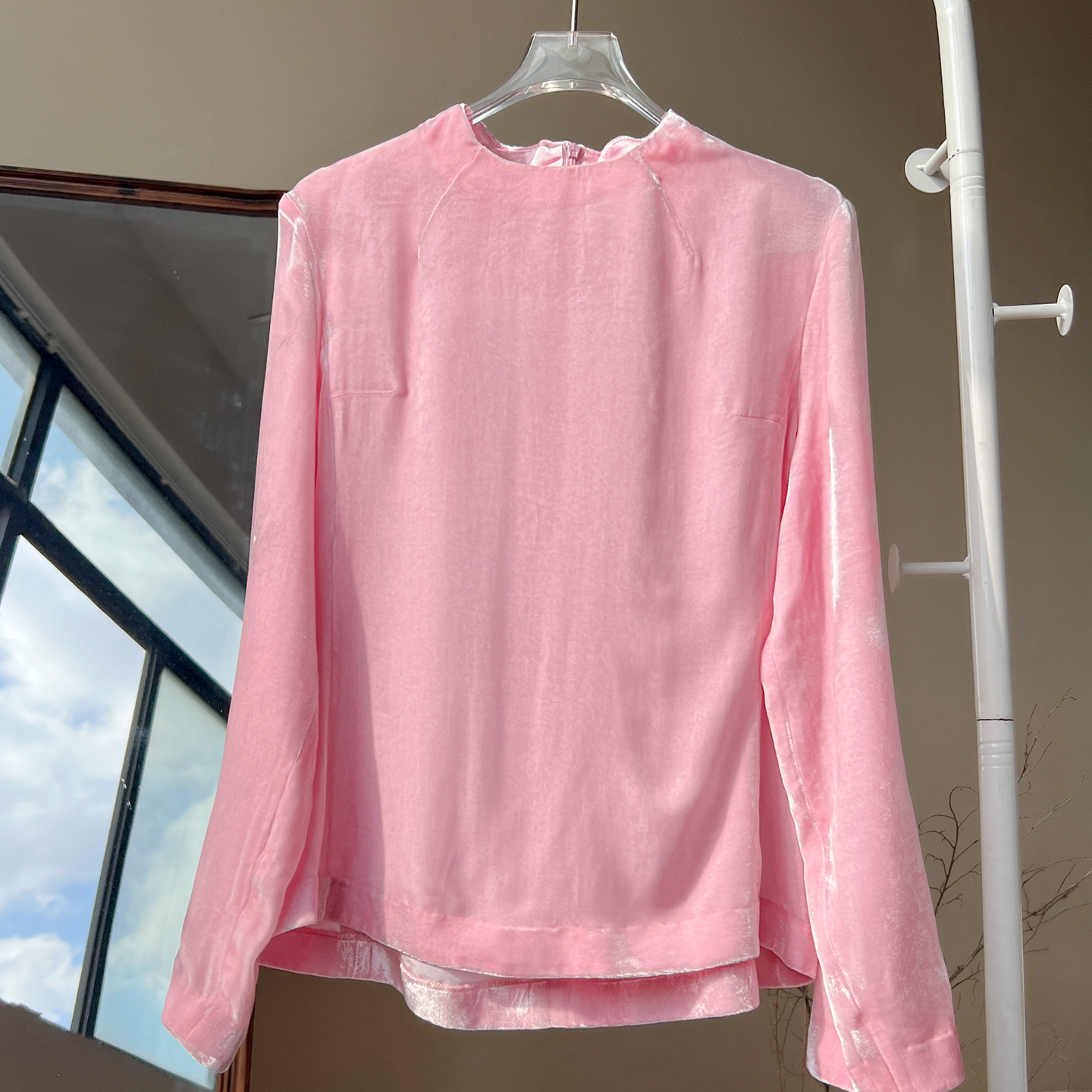 法式气质桑蚕丝圆领长袖衬衫