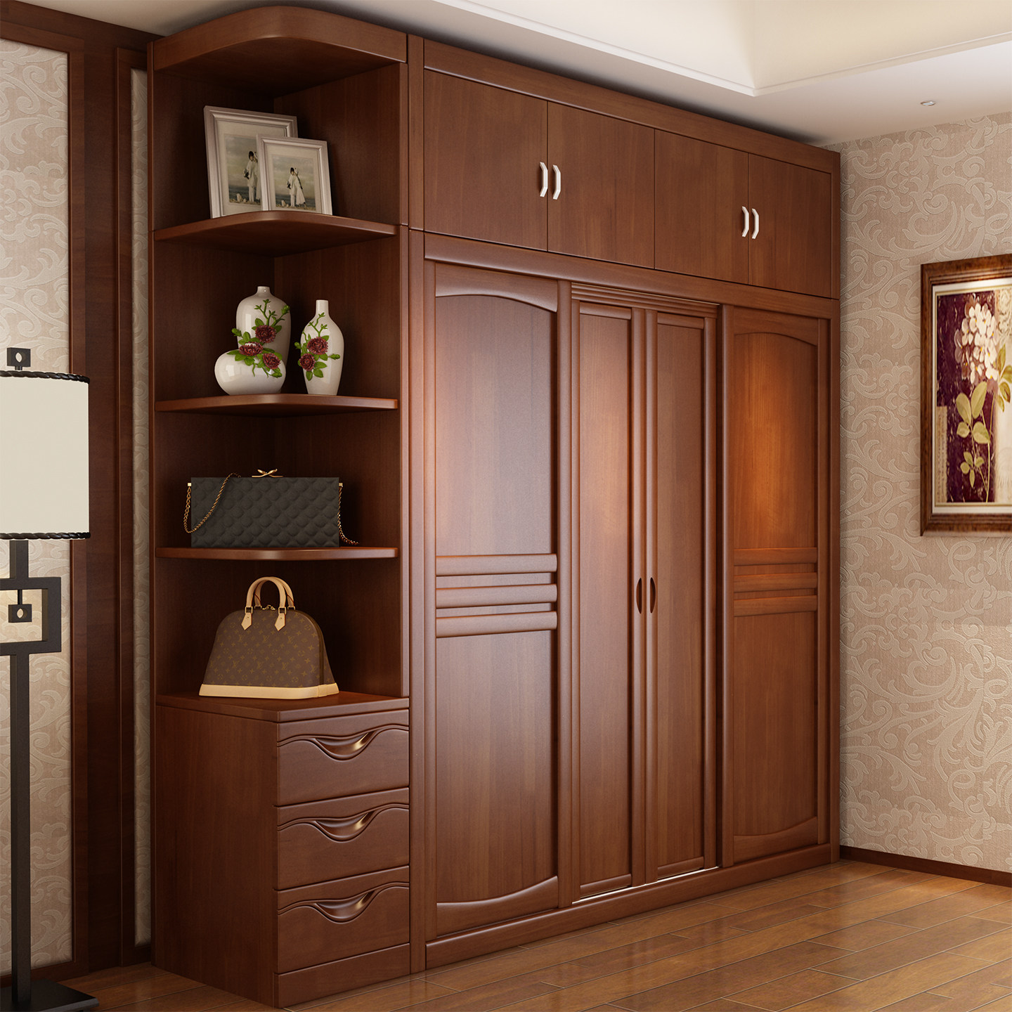 实木衣柜家用卧室新中式推拉门全木质成品移门柜子原木整体大衣橱