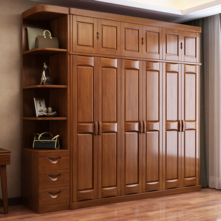 木质组装 中式 家用转角组合原木柜子 卧室全实木大衣柜 平开门衣橱