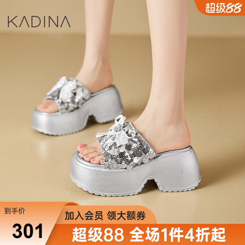 卡迪娜2025年夏季新款厚底增高银色亮片蝴蝶结外穿拖鞋KWM250123