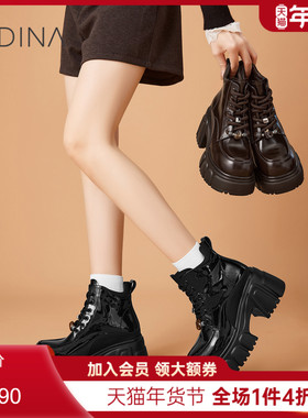 卡迪娜高帮女靴牛皮高跟马丁靴短靴子2025冬季新款KWA250103