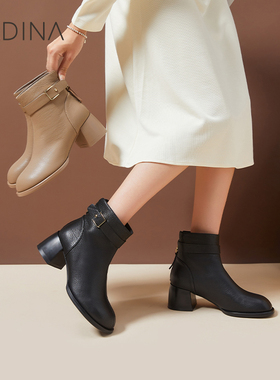 卡迪娜新款短靴粗跟2025新款爆款巨好看的靴子时装靴女靴KA222007