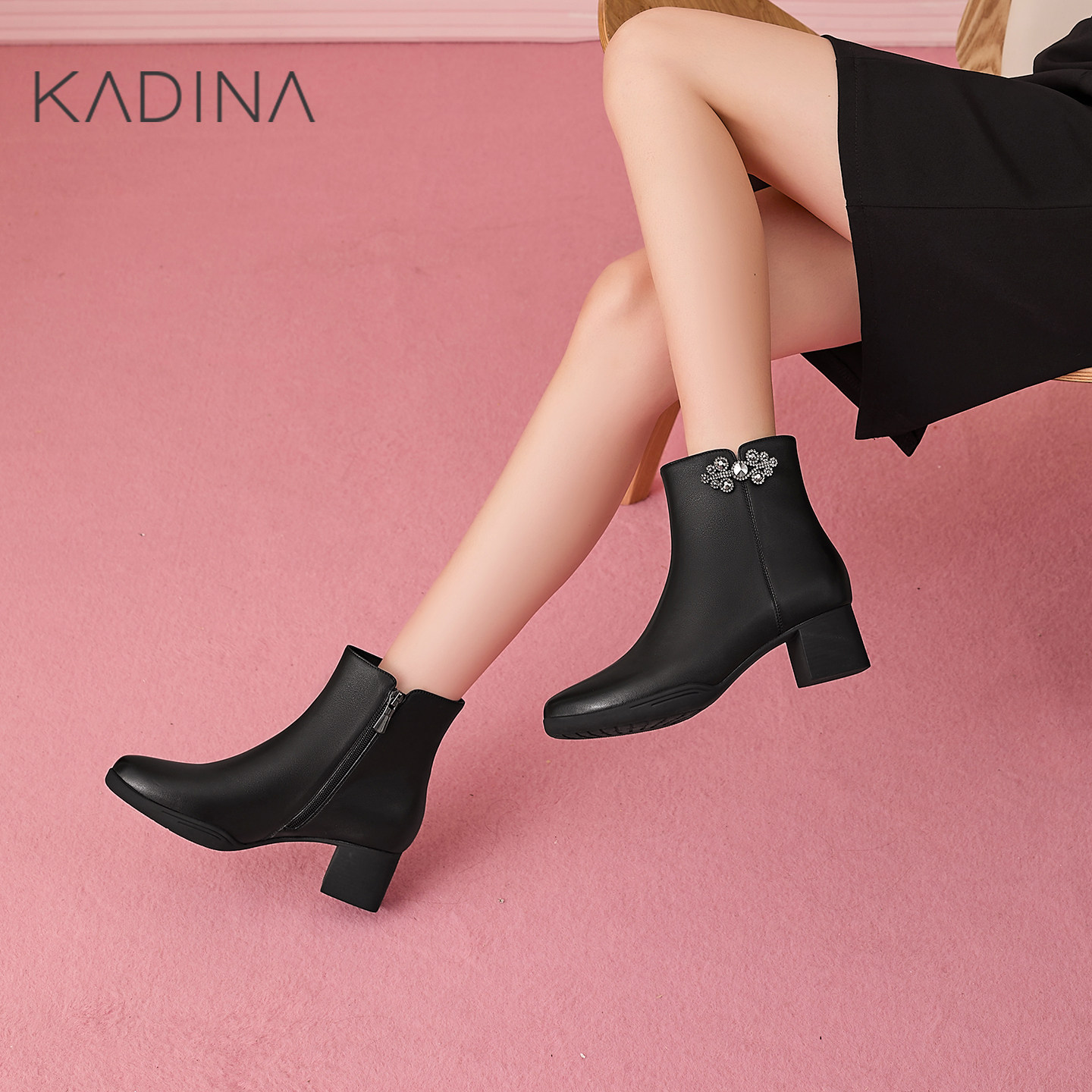 卡迪娜羊反绒法式小踝靴巨好看短靴黑色靴子炸街洋气女靴KA241557