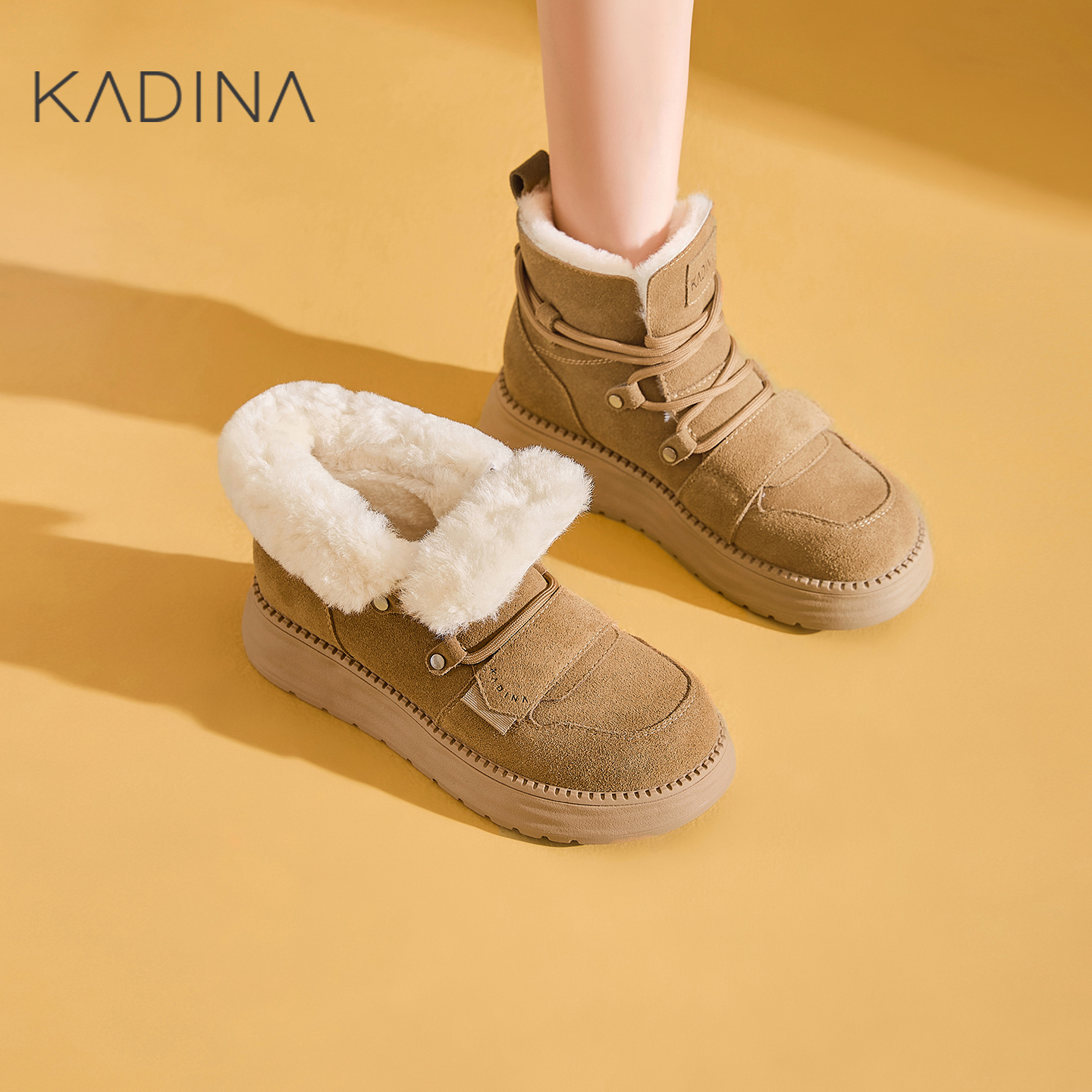 卡迪娜新款加绒粗跟马丁靴