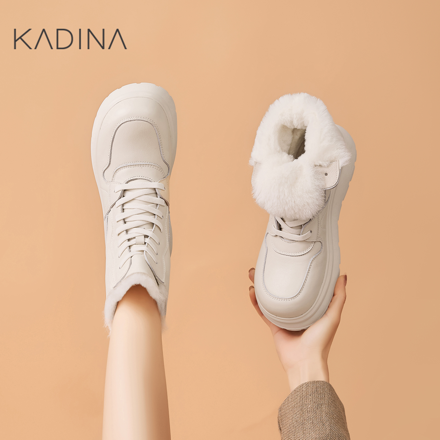 卡迪娜厚底雪地靴高帮加厚加绒2025冬季新款短筒靴子女款KA254302