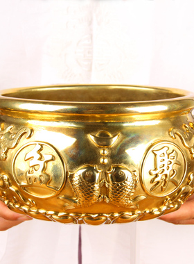 黄铜八福款铜聚宝盆摆件 铜聚宝盆摆件 实心铜聚宝盆