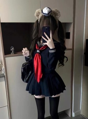 原创jk制服日系学院风校供正统绀三本基础款水手服绀色短袖套装女