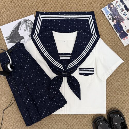 jk原创正版水手服基础款波点三本中间服短袖校供感学院风甜美套装