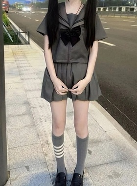 原创正版JK制服灰色二本学院日系水手服短袖套装校供感百褶裙现货