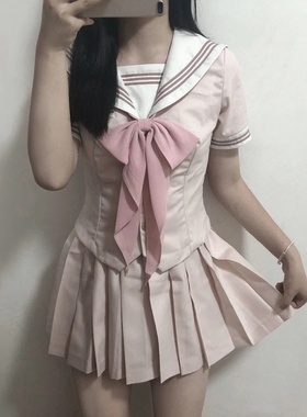 水手服jk制服裙基础款粉色学院风校共感学生中间服夏短裙收腰套装