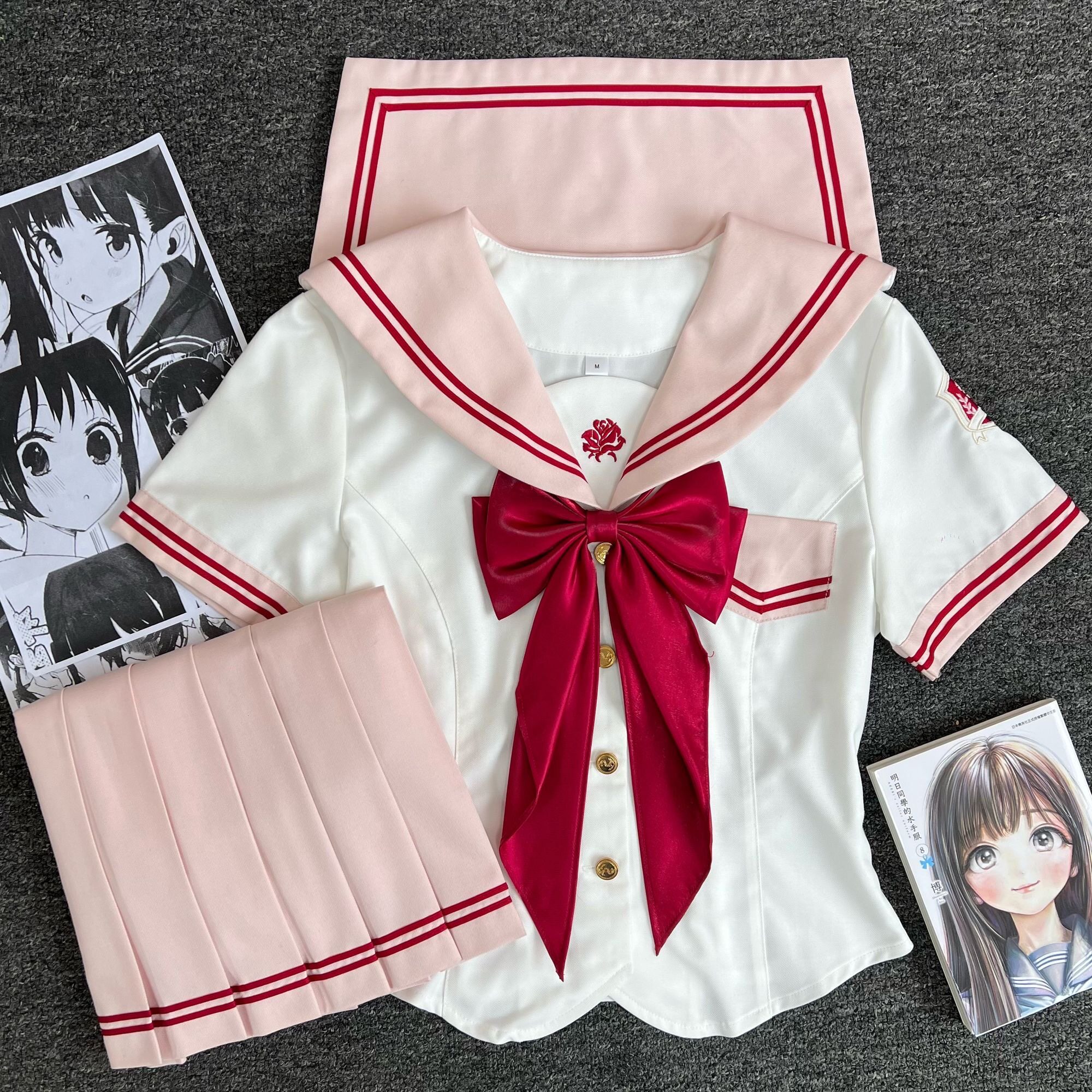 原创JK水手服粉色少女漫画日系百褶可爱收腰刺绣校供感水手服套装