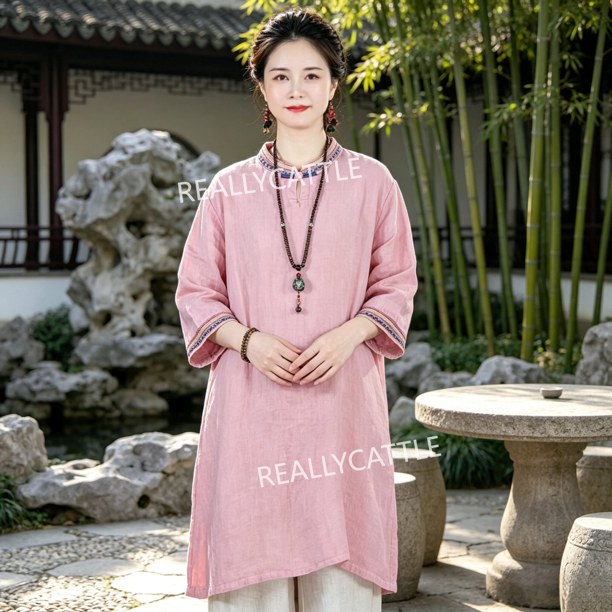 文艺复古新中式棉麻盘扣衬衫夏季中长款绣花民族风上衣女宽松茶服