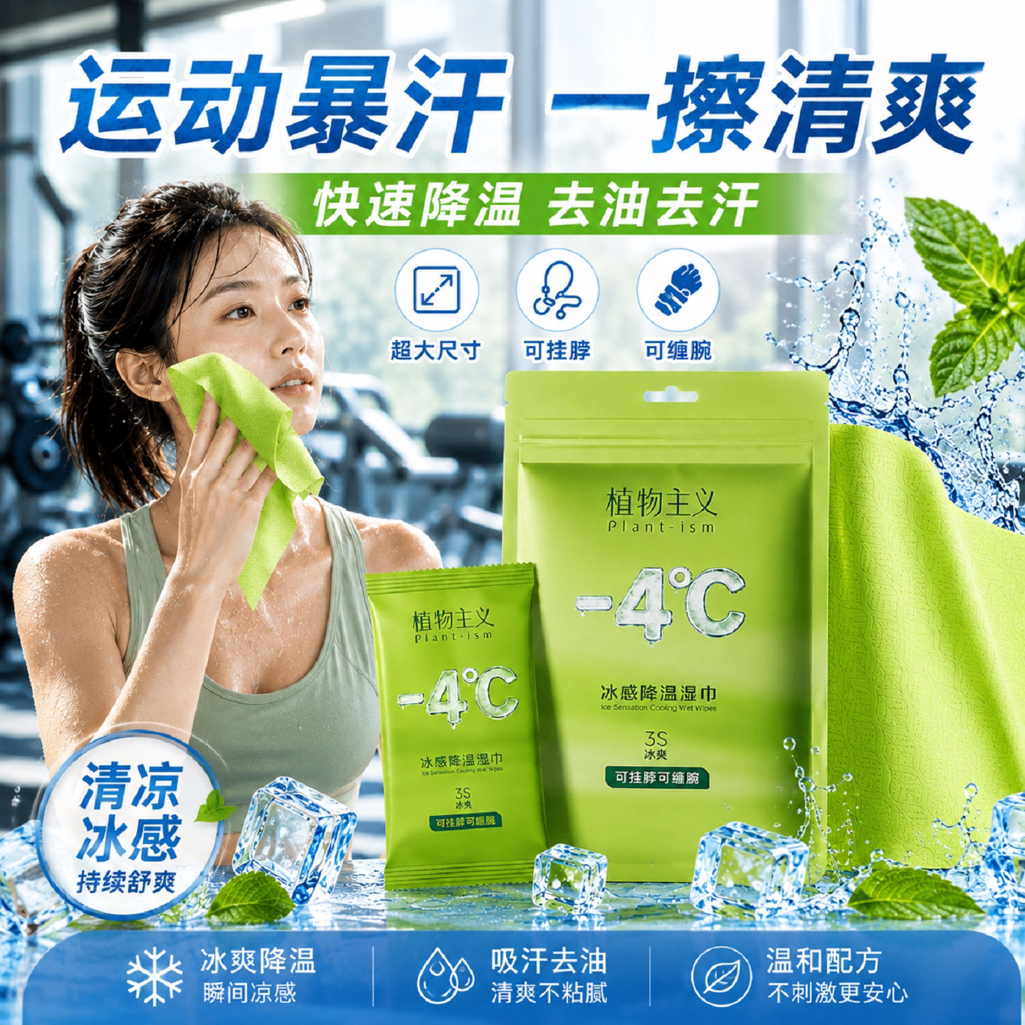 植物主义降温湿巾冰感毛巾凉感降温冰巾户外运动薄荷冷感清凉提神