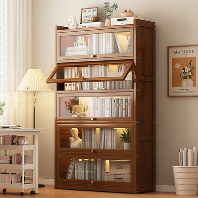 实木书架落地置物架一体靠墙家用客厅多层储物书柜儿童带门收纳柜