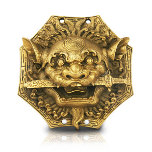 纯黄铜狮咬剑牌铜狮子头挂件八卦镜虎头牌兽头睚眦吞口海神摆件
