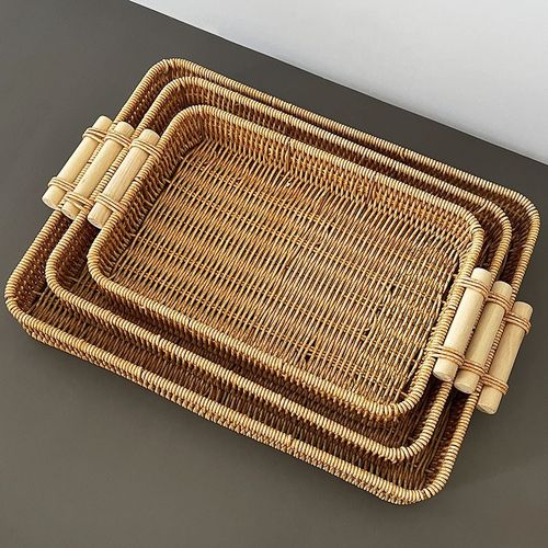 北欧双耳仿藤编收纳篮防霉手工编织托盘桌面杂物长方形藤编水果篮