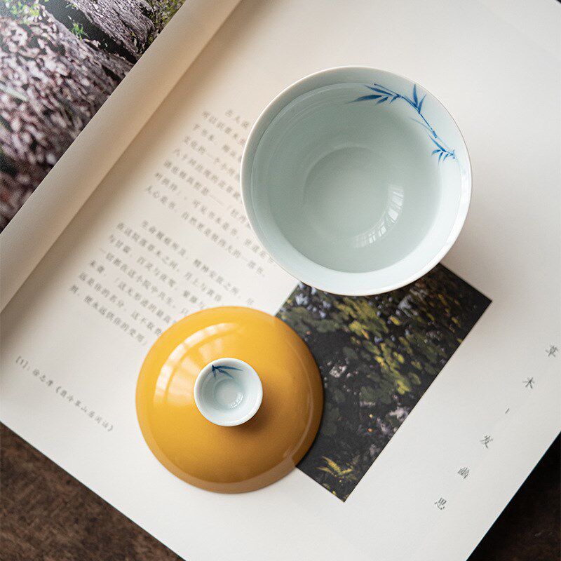 黄色原矿釉陶瓷盖碗 手绘隐竹仿古泡茶碗 文人拟古仿烫泡碗