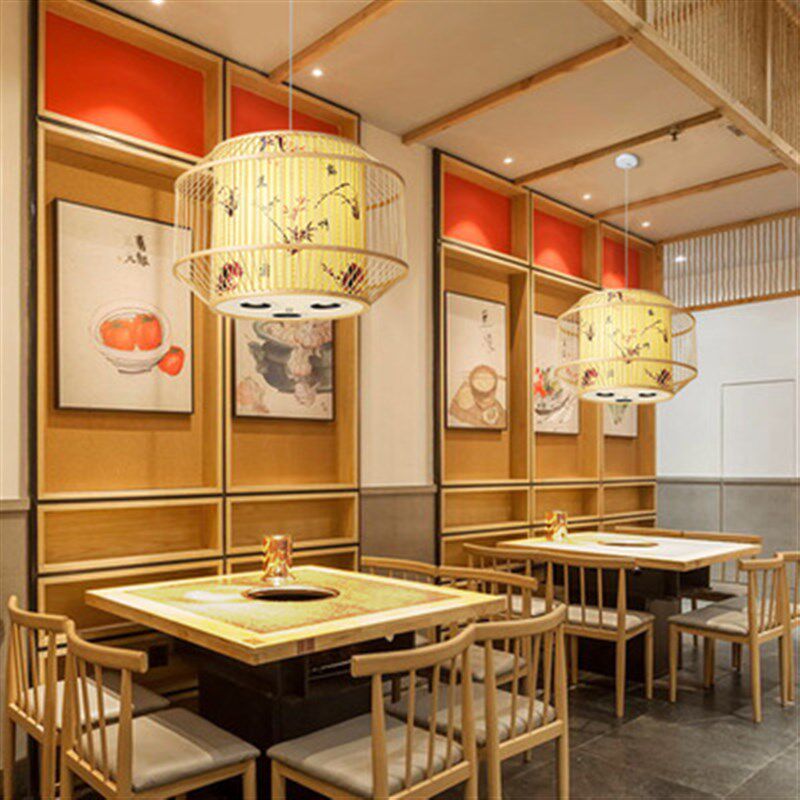 现代中式餐厅饭店餐馆吊灯火锅店包厢包间包房圆卡竹编灯具带射灯