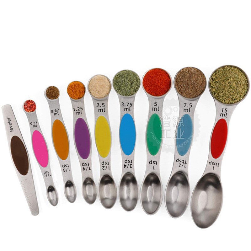 烘焙工具不锈钢双头量匙9件套调味勺刻度计量磁吸收纳匙刮平器
