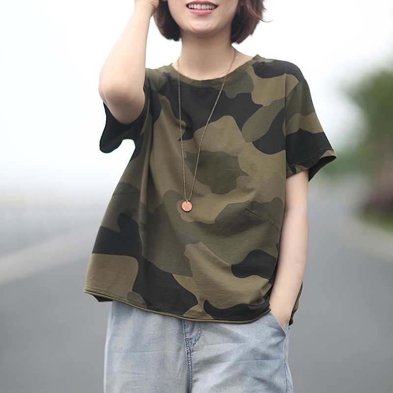 100%纯棉T恤夏季新款文艺拼接圆领迷彩T恤女宽松休闲上衣套头短袖
